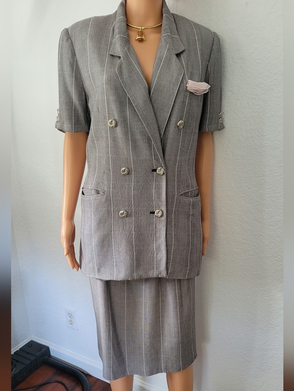 Classic Gray Pinstripe Skirt Suit - Double Breasted Blazer & Pencil Skirt